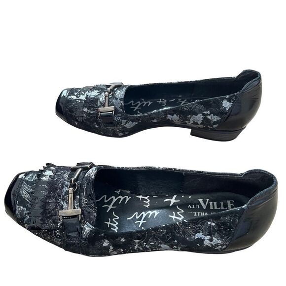 UTV Un Tour en Ville Black Silver Floral Pattern Fringe Buckle Square Toe Shoes - Picture 13 of 14